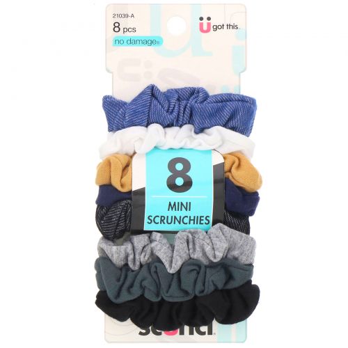 Scunci, Мини-резинки для волос No Damage, Mini Scrunchies, разные цвета (деним), 8 штук