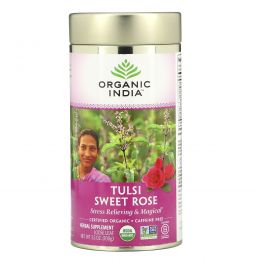 Organic India, Листовой чай туласи, сладкая роза, без кофеина, 3,5 унции (100 г)