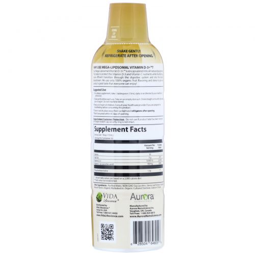 Aurora Nutrascience, Mega-Liposomal Vitamin D3, Organic Fruit Flavor, 9,000 IU, 16 fl oz (480 ml) 