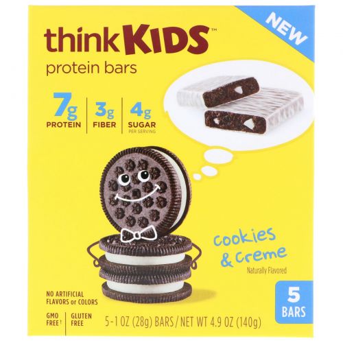 ThinkThin, ThinkKids, белковые батончики, печенье и сливки, 5 штук, по 28 г каждый