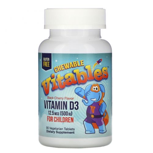 Vitables, Жевательный витамин D3 для детей, черешня, 12,5 мкг (500 МЕ), 90 вегетарианских таблеток