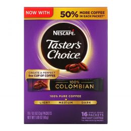 Nescafé, Taster's Choice, растворимый кофе, 100% колумбийский, 16 порционных пакетиков, по 0,1 унции (3 г) каждый