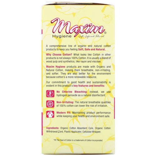 Maxim Hygiene Products, Organic Cotton Plastic Applicator Tampons, Regular,  16 Count