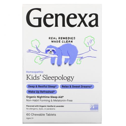 Genexa, Children's Sleepology, органическая добавка для нормализации ночного сна, от 3 дет, вкус ванили и лаванды, 60 жевательных таблеток