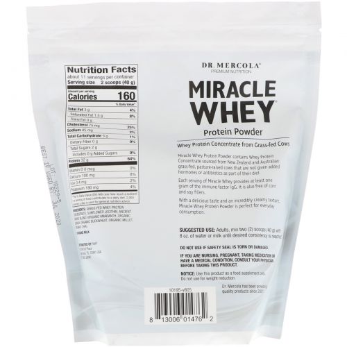 Dr. Mercola, Премиум питание, порошок сывороточного протеина Miracle, оригинальный, 16 унций (454 г)