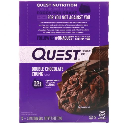 Quest Nutrition, QuestBar, Protein Bar, Double Chocolate Chunk, 12 Bars, 2.1 oz (60 g) Each