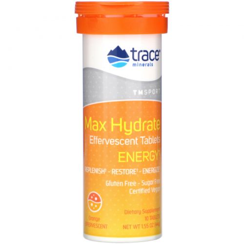 Trace Minerals Research, Max-Hydrate Energy, High Performance Electrolyte Fizzing Tablets, Orange, 1.55 oz (44 g)