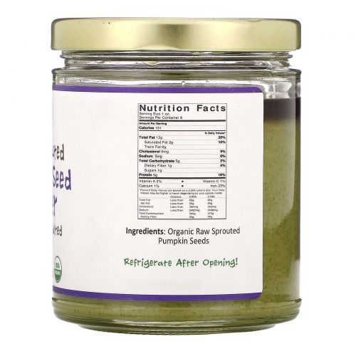 Jiva Organics,  Raw Sprouted Pumpkin Seed Butter, Creamy - Unsalted, 8 oz (228 g)