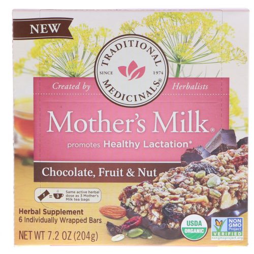 Traditional Medicinals, Mother's Milk, шоколад, фрукты и орехи, 6 батончиков в индивидуальной упаковке, 7,2 унц. (204 г)