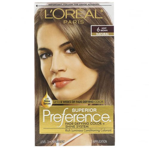 L'Oreal, Краска для волос Superior Preference с технологией против вымывания цвета и системой придания сияния, натуральный, оттенок 6 светло-каштановый, на 1 применение