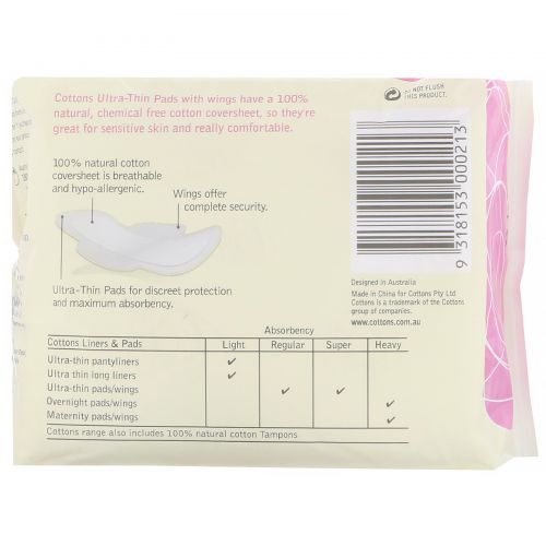 Cottons, 100% Natural Cotton Coversheet, Ultra-Thin Pads with Wings, Super, 12 Pads