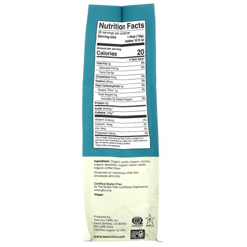 Teeccino, Organic Chicory Herbal 'Coffee', Dandelion Dark Roast, Caffeine Free, 10 oz (284 g)