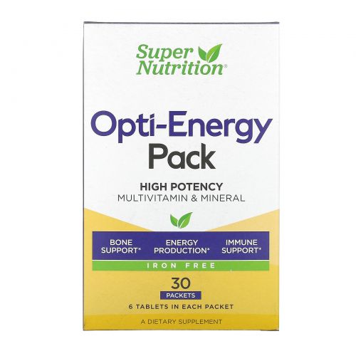 Super Nutrition, Opti-Energy Pack, мультивитаминная / минеральная добавка, без железа, 30 пакетиков (6 таблеток в каждом)