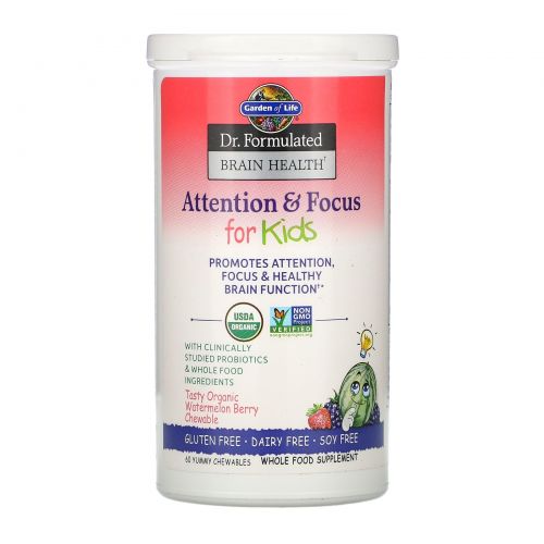 Garden of Life, Dr. Formulated Brain Health, Attention & Focus for Kids, Tasty Organic Watermelon Berry Flavor, 60 Yummy Chewables