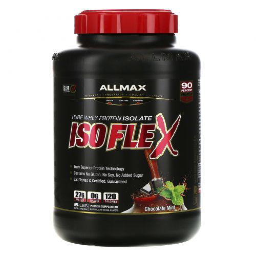 ALLMAX Nutrition, Isoflex, 100%-ный сверхчистый изолят сывороточного белка (ИСБ с фильтрацией частиц заряженными ионами), шоколад и мята, 5 фунтов (2,27 кг)