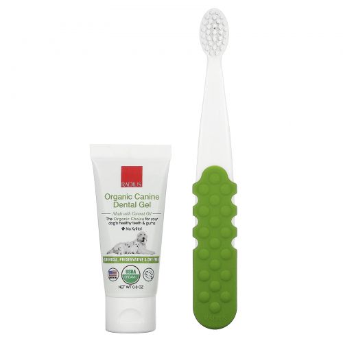 RADIUS, Organic Dental Solutions, мягкая щетина, для собак от 8 лет, 1 зубная щетка + 0,8 унций зубного геля
