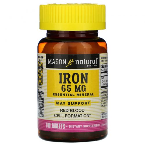 Mason Naturals, Железо, без сахара, 65 мг, 100 зеленых таблеток