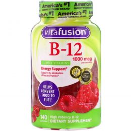 VitaFusion, Витамины для взрослых с B12, повышения уровня энергии, натуральный малиновый вкус, 1000 мкг, 140 жевательных таблеток