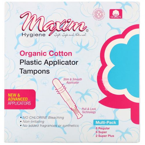 Maxim Hygiene Products, Organic Cotton Plastic Applicator Tampons, Multi-Pack, 14 Count