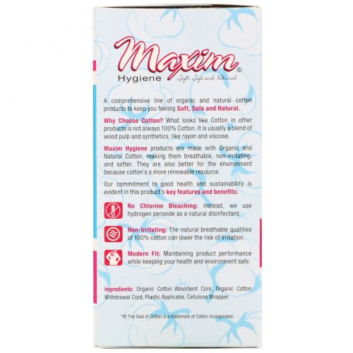 Maxim Hygiene Products, Organic Cotton Plastic Applicator Tampons, Multi-Pack, 14 Count