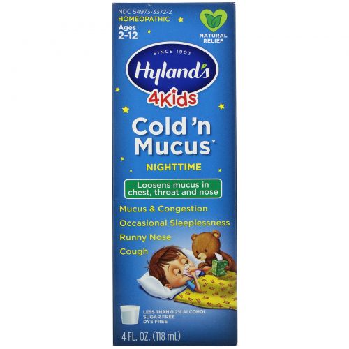 Hyland's, 4 Kids, Cold 'n Mucus Nighttime, Ages 2-12, 4 fl oz (118 ml)
