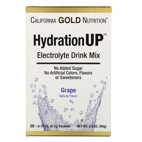 California Gold Nutrition, HydrationUP, смесь для напитка с электролитами, виноград, 20 пакетов весом 0,17 унции (4,7 г) каждый