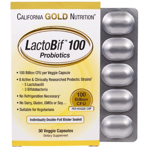 California Gold Nutrition, LactoBif 100 в блистере из двойной фольги, в упаковке 30 капсул