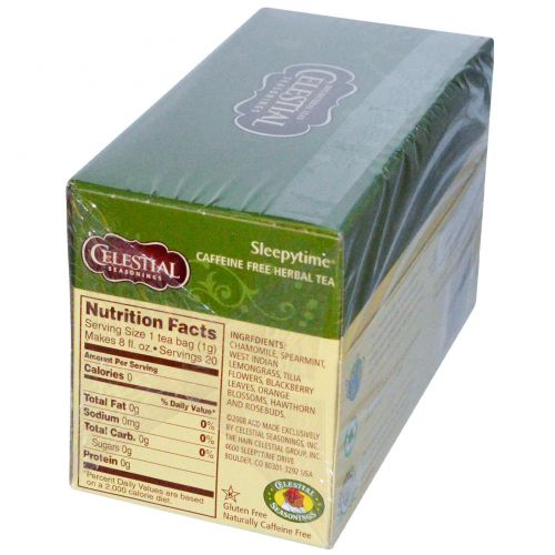 Celestial Seasonings, Травяной чай «Время для сна», Без кофеина, 20 чайных пакетиков