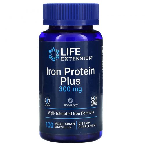 Life Extension, Iron Protein Plus, железосодержащий белок, 300 мг, 100 капсул