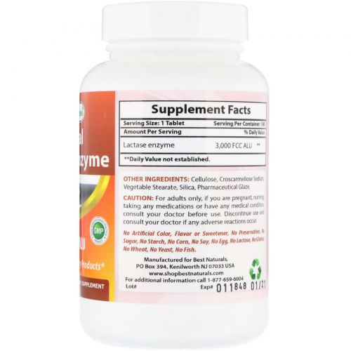 Best Naturals, Natural Lactase Enzyme, 3000 FCC ALU, 180 Tablets