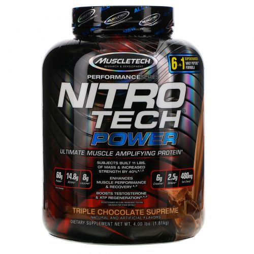 Muscletech, Nitro Tech Power, лучший белок для усиления мышц, тройной шоколад суприм, 4,00 фунта (1,81 кг)
