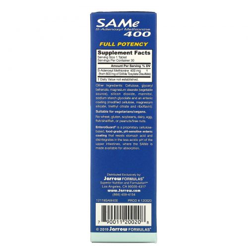 Jarrow Formulas, Природный  SAM-e (S-Adenosyl-L-Methionine) 400, 400 мг, 30 таблеток м энтеросолюбильным покрытием