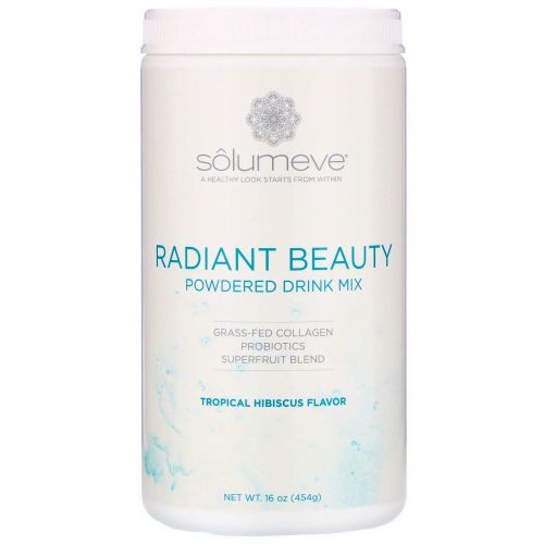 Solumeve, Radiant Beauty, сухая смесь для приготовления напитка с экологически чистым коллагеном, пробиотиками и суперфруктами, тропические фрукты и гибискус, 454 г (16 унций)