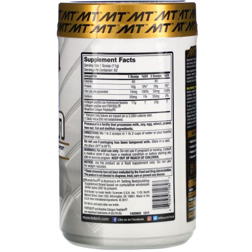 Muscletech, 100% гидролизованный коллаген Platinum, без вкусовых добавок, 1,52 фунта (692 г)