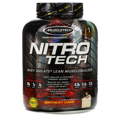 Muscletech, Nitro Tech, сывороточный изолят+ для роста сухой мышечной массы, ванильный праздничный пирог, 3,97 фунта (1,80 кг)