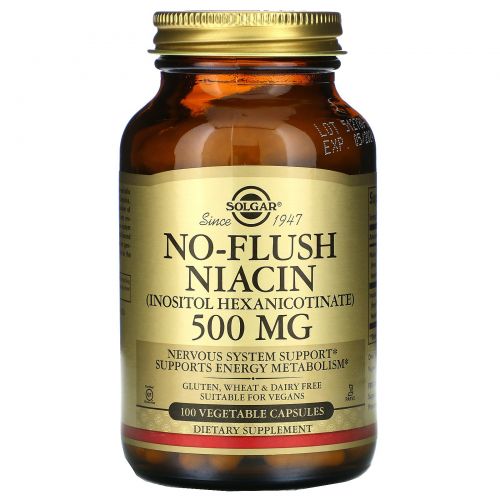 Solgar, Никотиновая кислота, без приливов жара, 500 мг, 100 вегетарианских капсул
