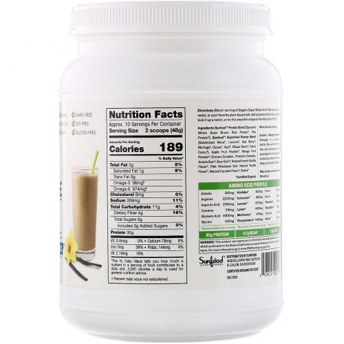 Sunfood, Protein + Superfoods, Organic Super Shake, Vanilla, 1.1 lb (498.9 g)