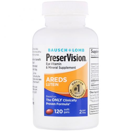 Bausch & Lomb PreserVision, AREDS Лютеин, витаминная и минеральная добавка для глаз, 120 мягких желатиновых капсул