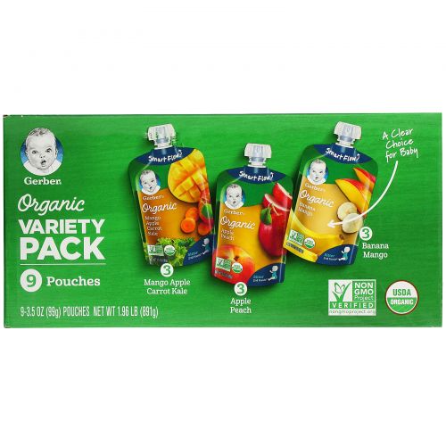 Gerber, Organic Variety Pack, Mango Apple Carrot Kale, Apple Peach, Banana Mango, 9 Pouches, 3.5 oz (99 g) Each