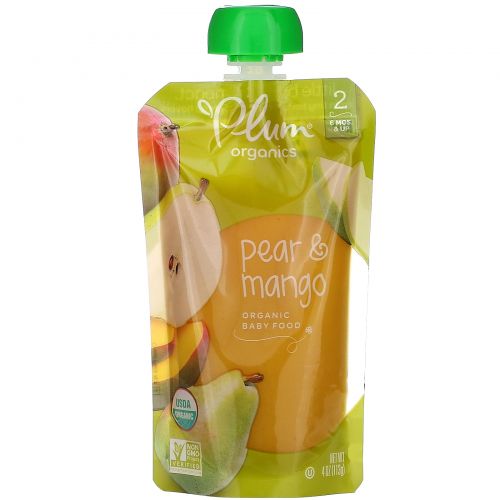 Plum Organics, Organic Baby Food, Stage 2, Pear & Mango,, 6 Poches, 4 oz (113 g) Each