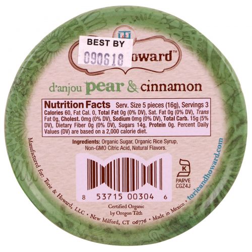 Torie & Howard, Organic, Hard Candy, D' Anjou Pear & Cinnamon, 2 oz (57 g)