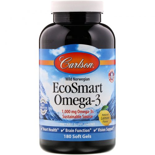 Carlson Labs, Norwegian EcoSmart Omega-3, натуральный лимонный вкус, 500 мг., 180 гелевых таблеток