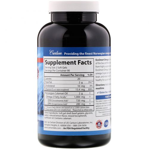 Carlson Labs, Norwegian EcoSmart Omega-3, натуральный лимонный вкус, 500 мг., 180 гелевых таблеток