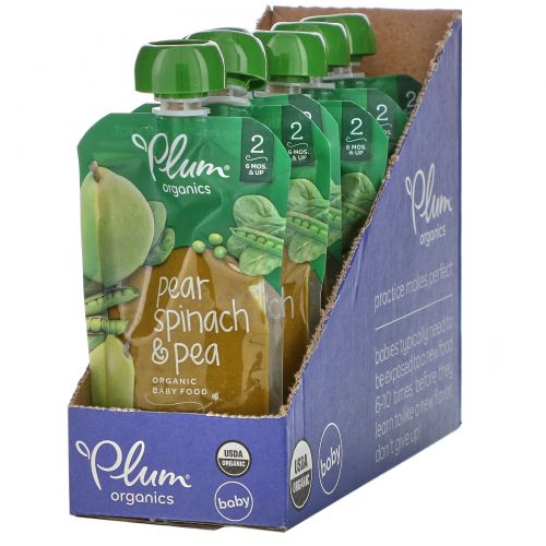 Plum Organics, Organic Baby Food, Stage 2, Pear, Spinach & Pea, 6 Poches, 4 oz (113 g) Each