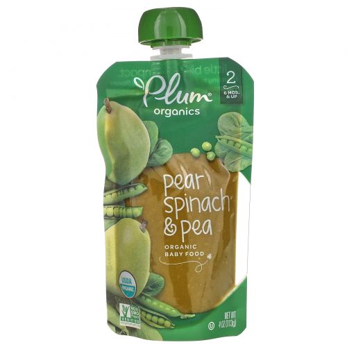 Plum Organics, Organic Baby Food, Stage 2, Pear, Spinach & Pea, 6 Poches, 4 oz (113 g) Each