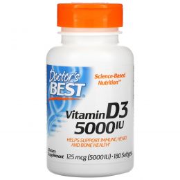 Doctor's Best, Лучший витамин D3, 5000 международных единиц, 180 мягких капсул