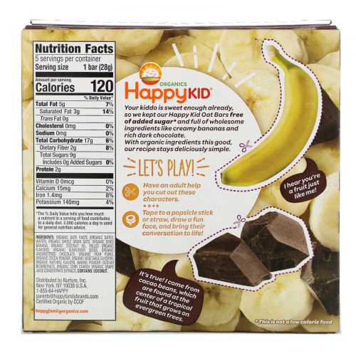 Nurture Inc. (Happy Baby), Happy Kid, Banana + Chocolate, Fruit & Oat Bar, 5 Bars, 0.99 oz (28 g) Each