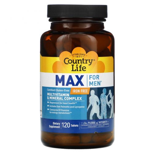 Country Life, Max for Men, мультивитаминный и минеральный комплекс для мужчин, не содержит железа, 120 таблеток