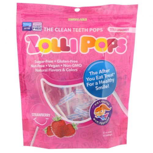 Zollipops , Леденцы на палочке The Clean Teeth Pops, с клубничным вкусом, 15 шт., (3,1 унц.)