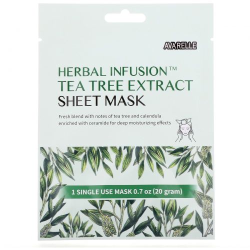 Avarelle, Herbal Infusion, тканевая маска с экстрактом чайного дерева, 1 маска одноразового использования, 20 г